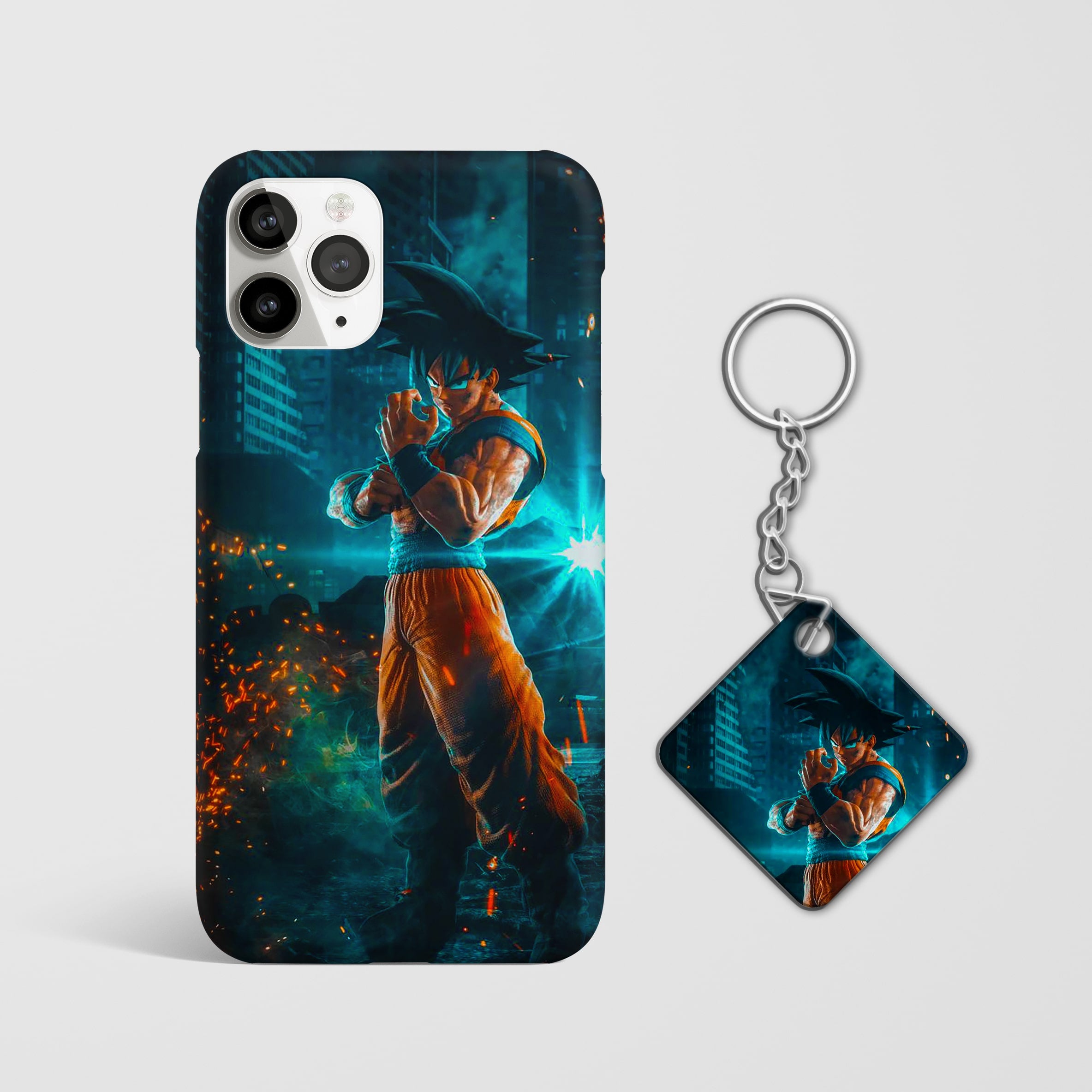 Close-up of Goku's intense training session on phone case with Keychain.