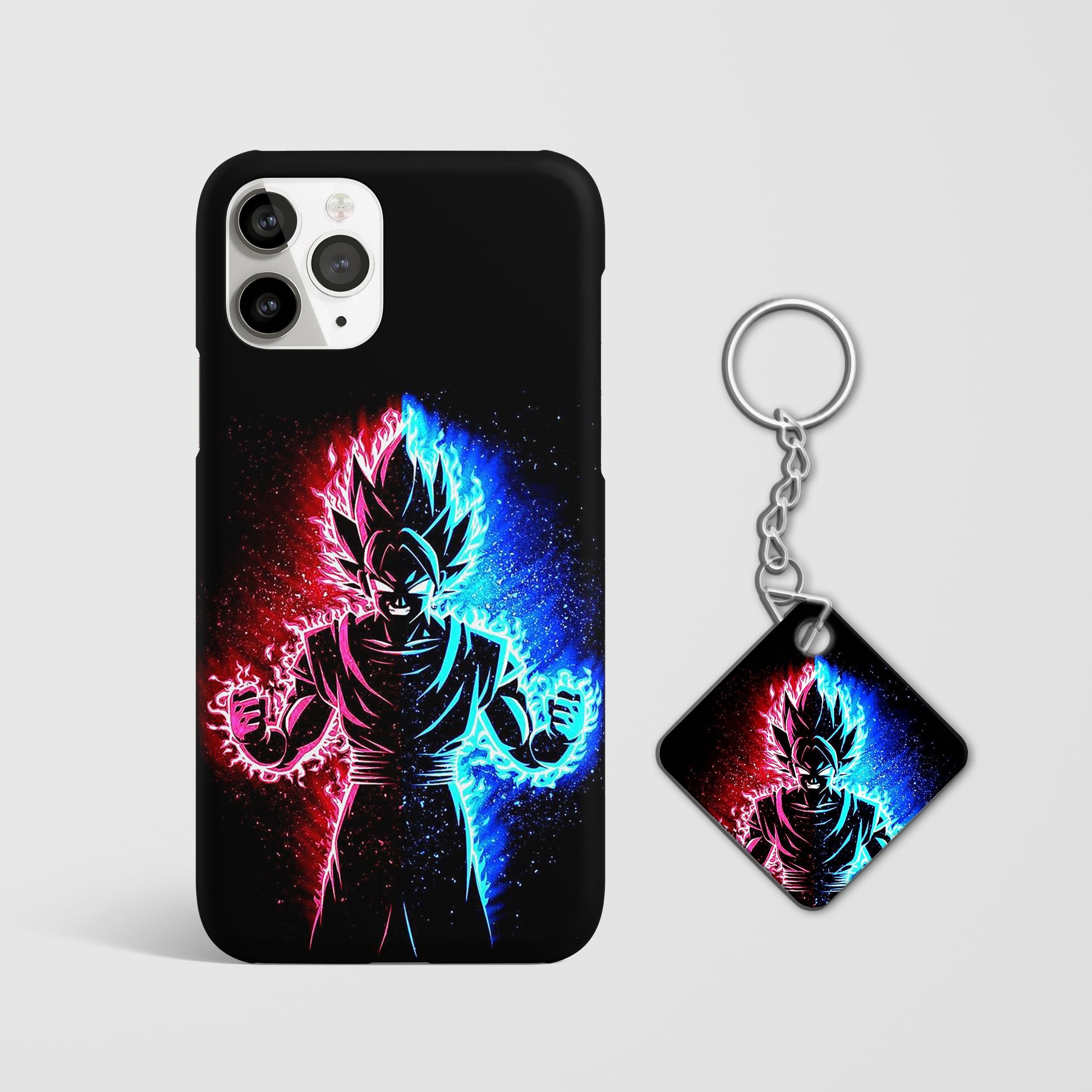 Close-up of the powerful fusion character from Goku and Vegeta on phone case with Keychain.