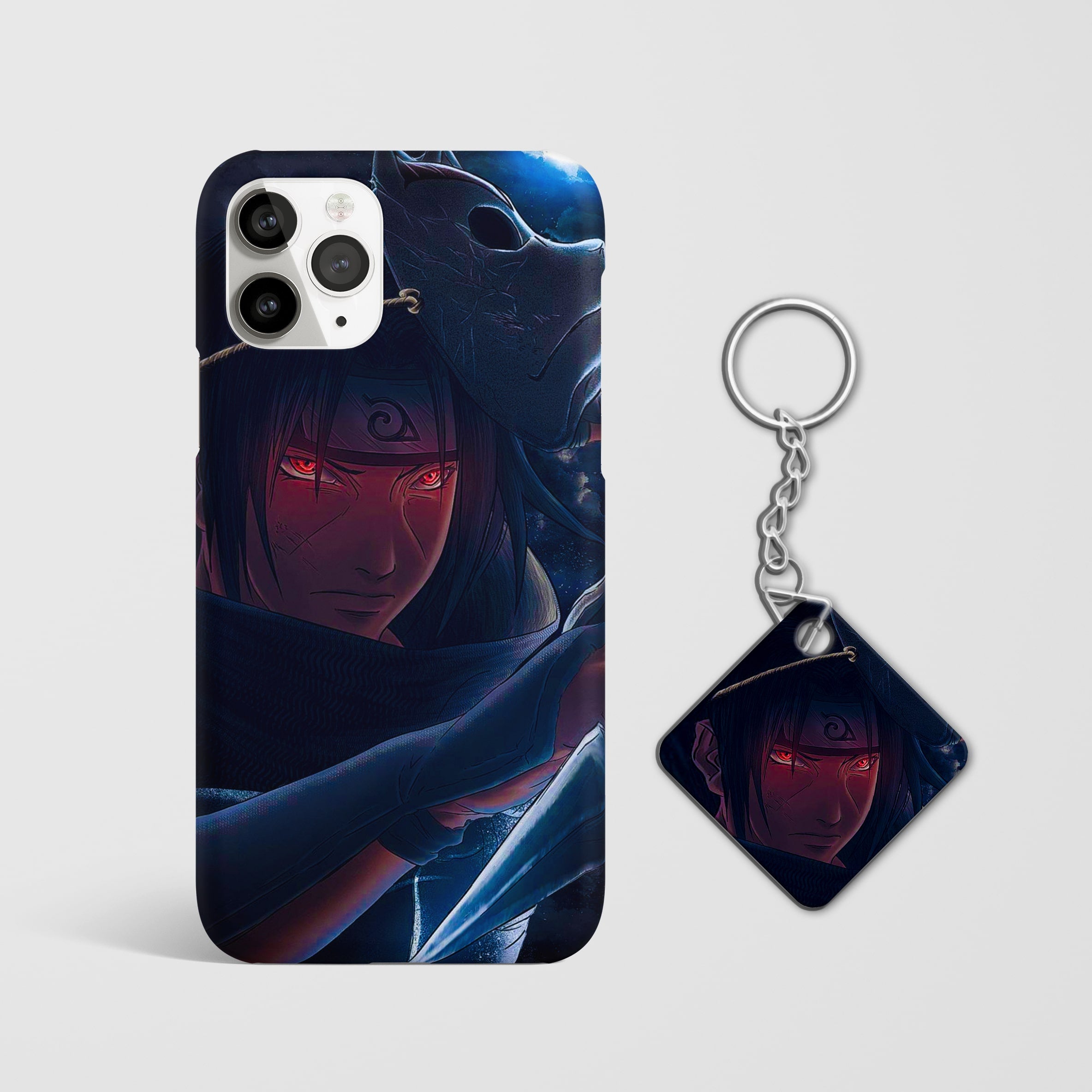 Close-up of the Itachi Sharingan Phone Cover, showcasing the detailed 3D matte design with Keychain.