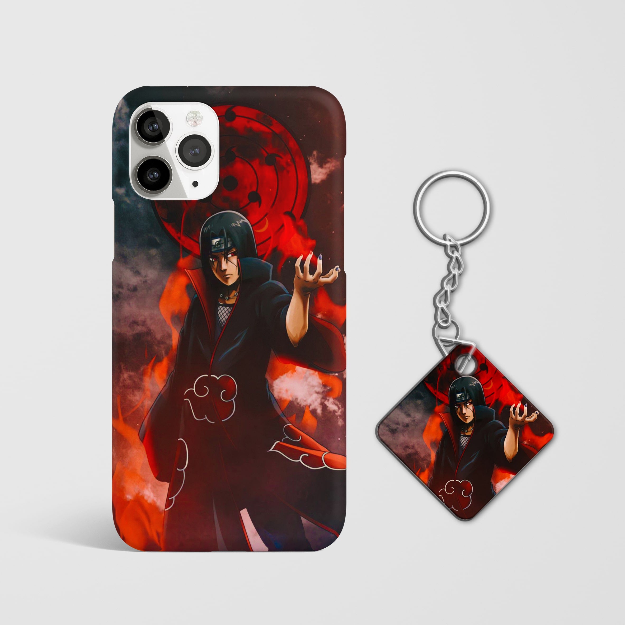 Close-up of the Itachi Uchiha Sharingan Phone Cover, showcasing the detailed 3D matte design with Keychain.