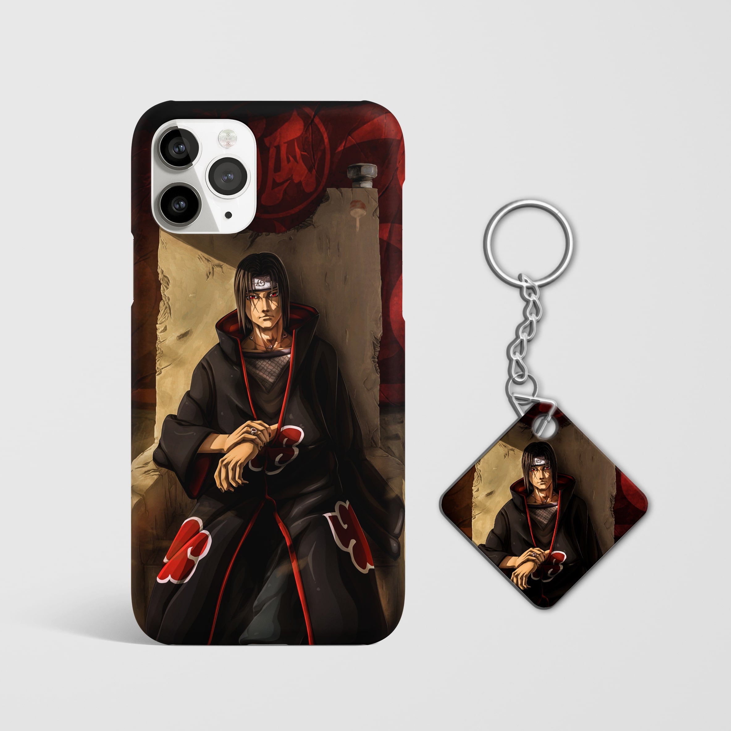 Close-up of the Itachi Uchiha Throne Phone Cover, showcasing the detailed 3D matte design with Keychain.