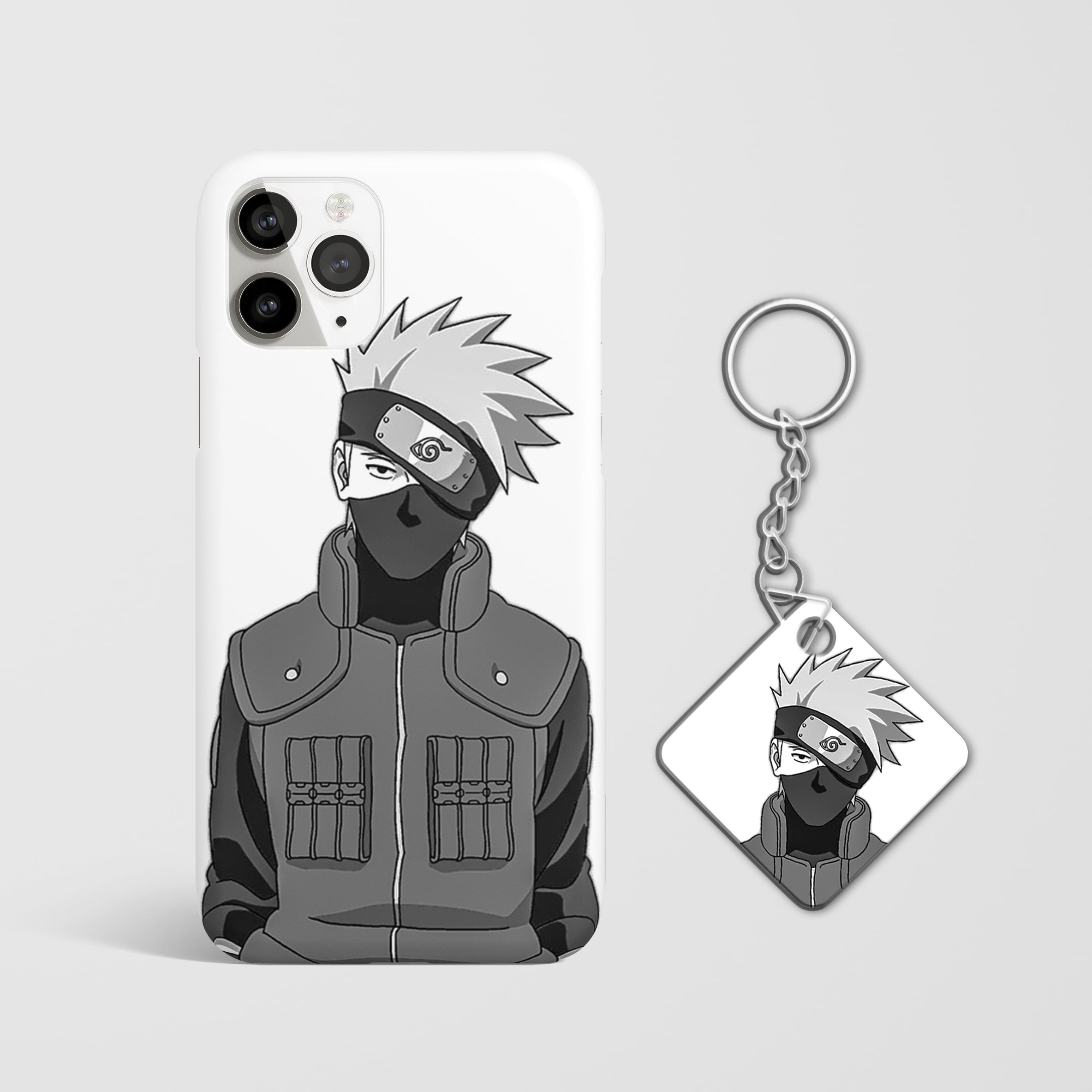 Close-up of the Kakashi Hatake Black White Phone Cover, showcasing the detailed 3D matte design with Keychain.