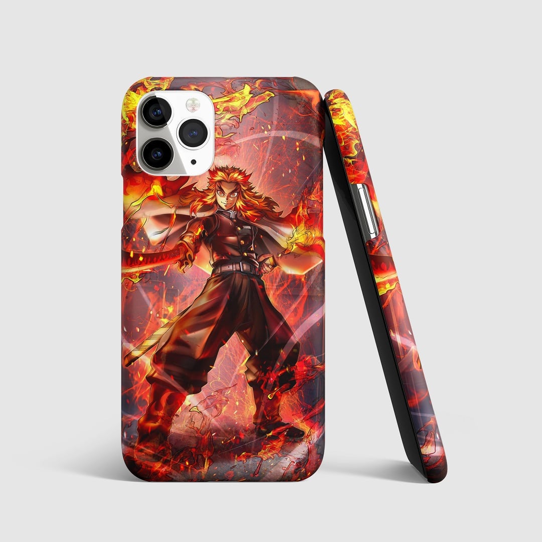 Dynamic artwork of Kyojuro Rengoku in action on phone cover.