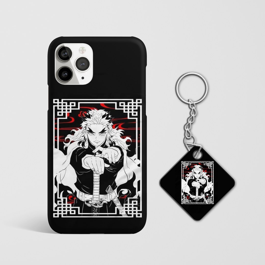 Close-up of Kyojuro Rengoku’s determined expression in black and white on phone case with Keychain.