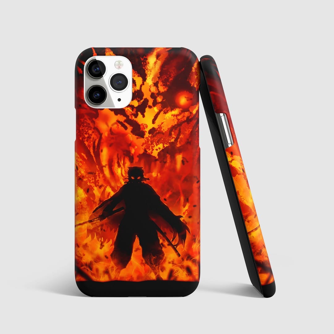Dynamic artwork of Kyojuro Rengoku performing Fire Breathing on phone cover.