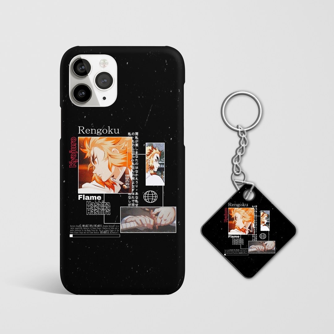 Close-up of Kyojuro Rengoku’s intense expression on phone case with Keychain.