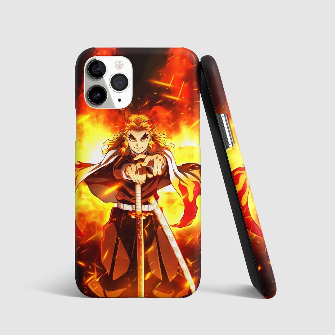 Stunning artwork of Kyojuro Rengoku with flames on phone cover.