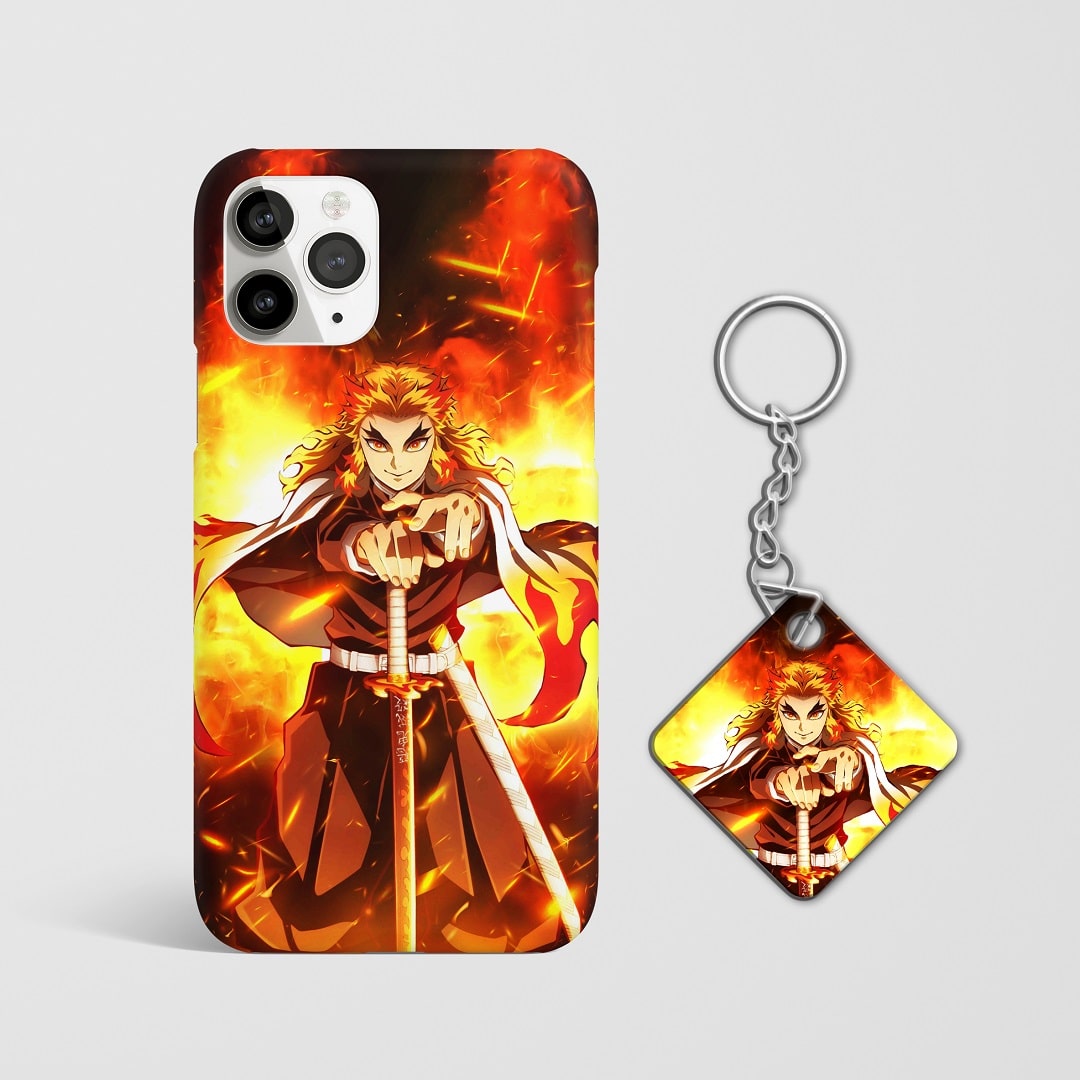 Close-up of Kyojuro Rengoku’s intense expression with flames on phone case with Keychain.