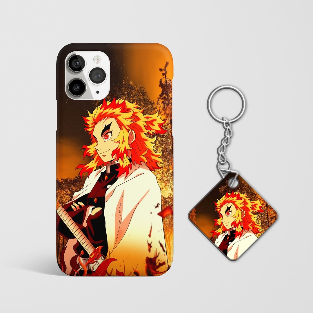Close-up of Kyojuro Rengoku’s intense expression on phone case with Keychain.