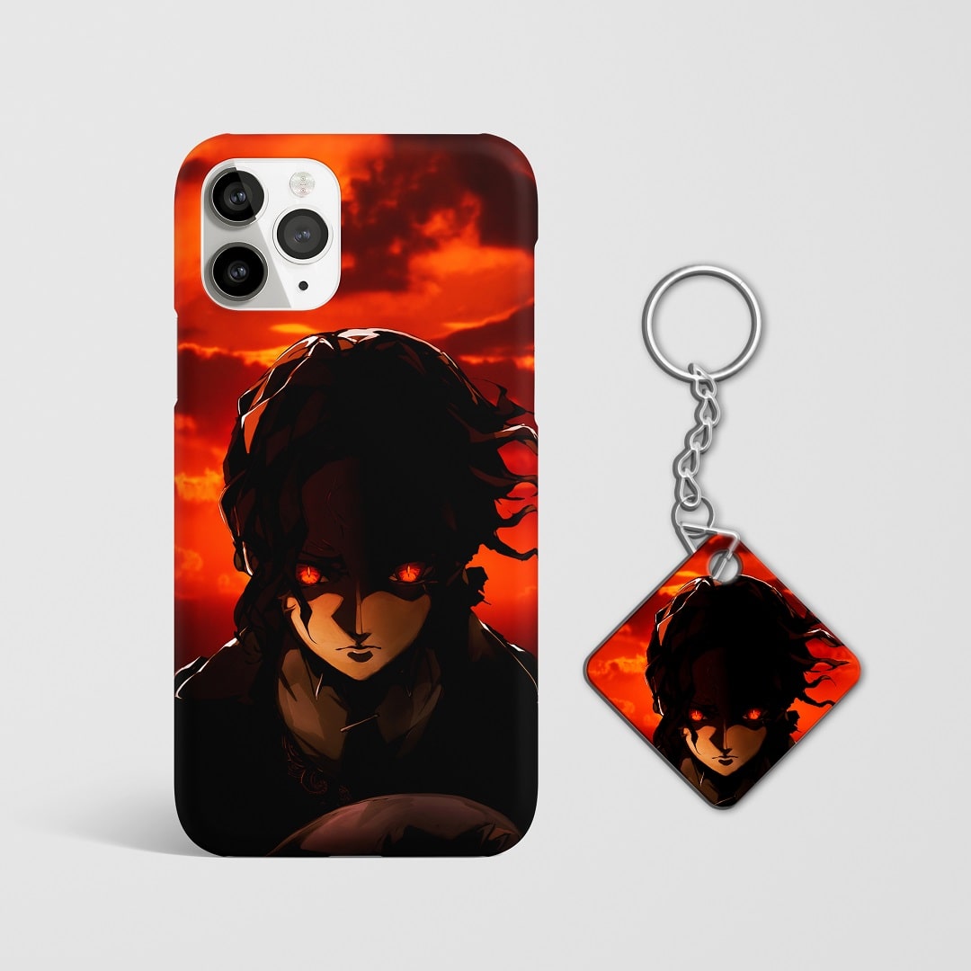 Close-up of Kyojuro Rengoku’s intense red eyes on phone case with Keychain.
