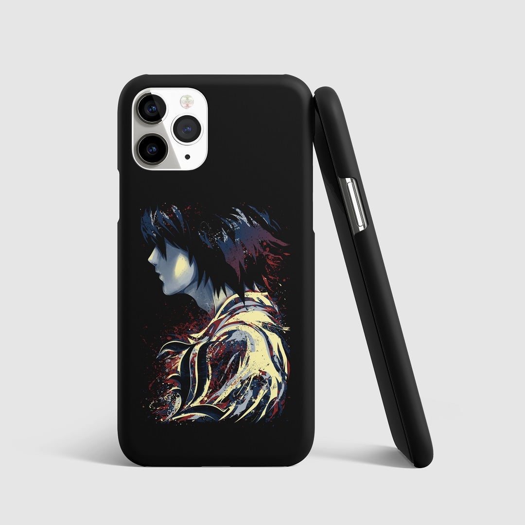Striking artwork of L from "Death Note" on phone cover.