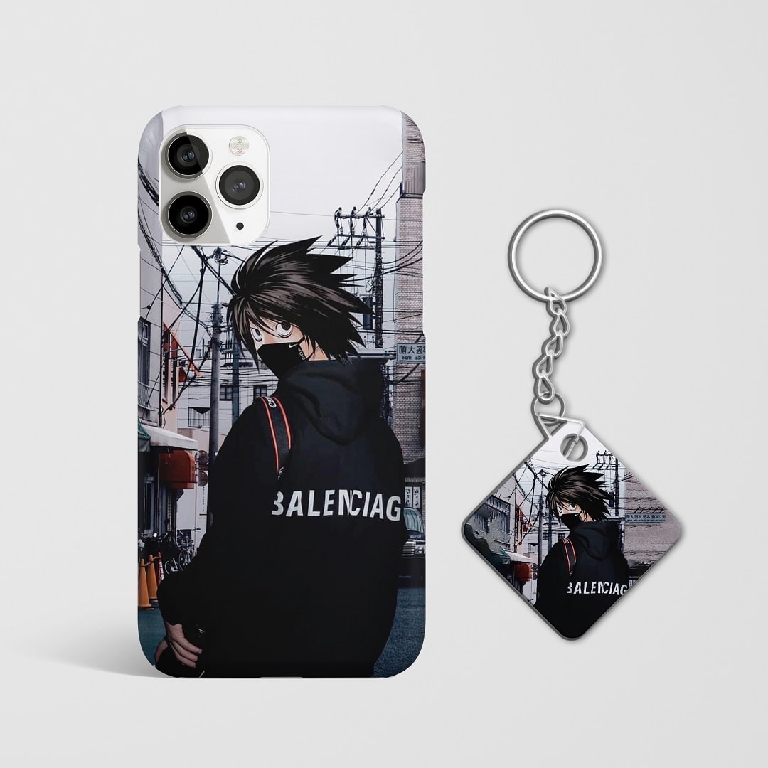 Close-up of L’s intense and thoughtful expression on graphic phone case with Keychain.