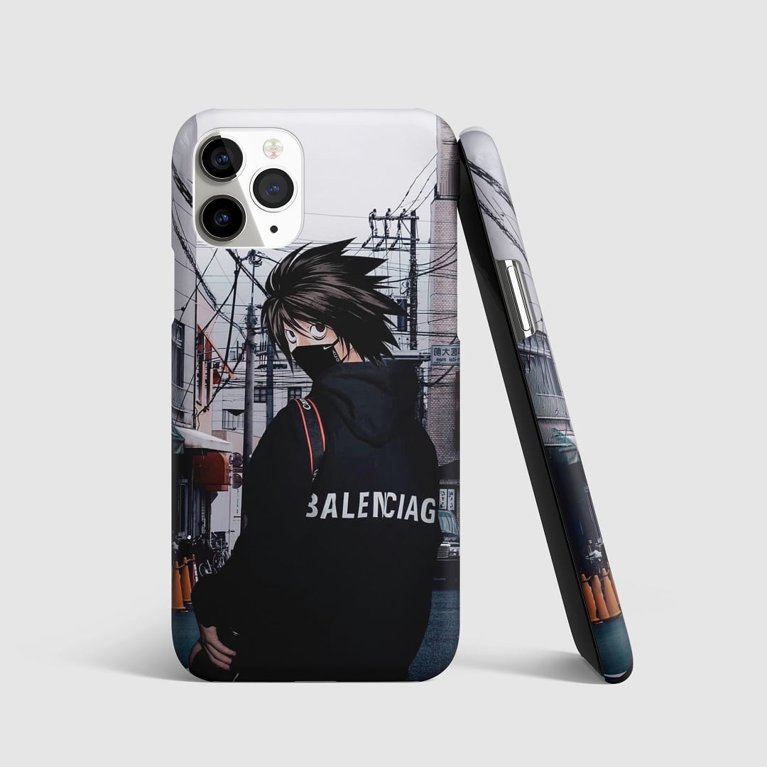 Bold and striking artwork of L from "Death Note" on phone cover.