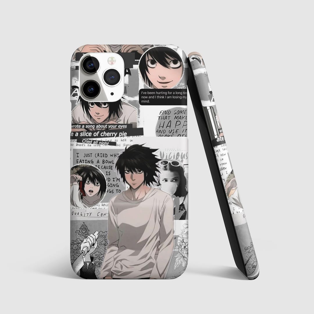 Iconic manga-style artwork of L from "Death Note" on phone cover.
