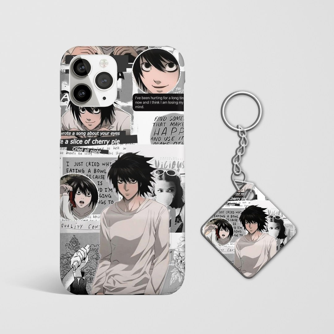 Close-up of L’s intense and thoughtful expression in manga style on phone case with Keychain.