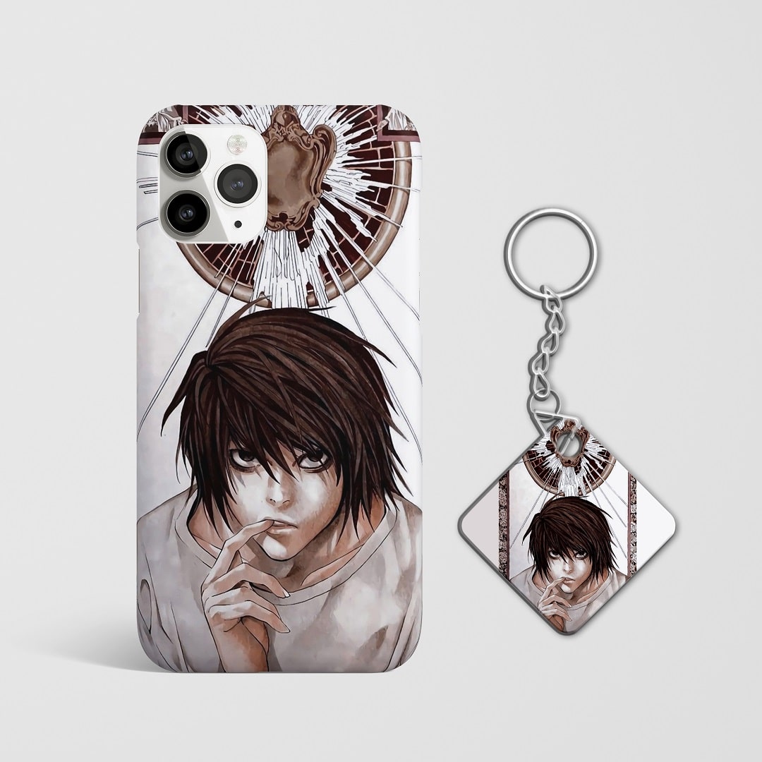 Close-up of L’s thoughtful expression in minimalist style on phone case with Keychain.
