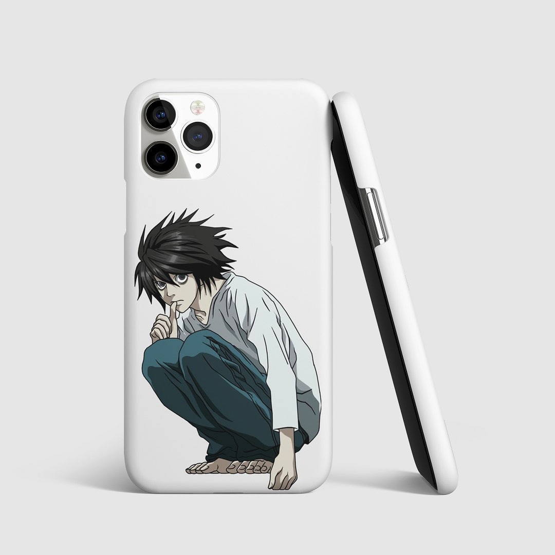 Iconic artwork of L sitting from "Death Note" on phone cover.