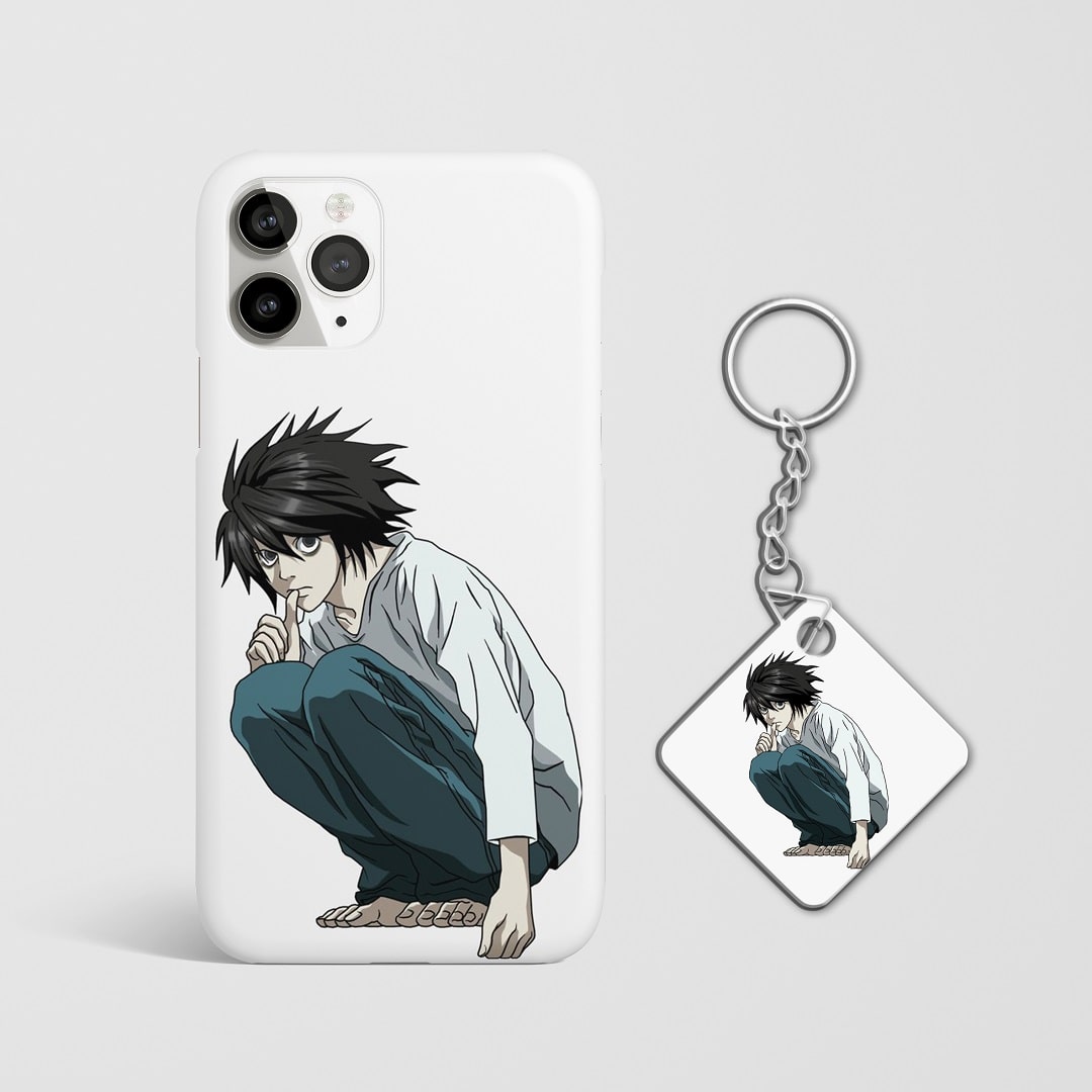 Close-up of L’s classic sitting pose on phone case with Keychain.