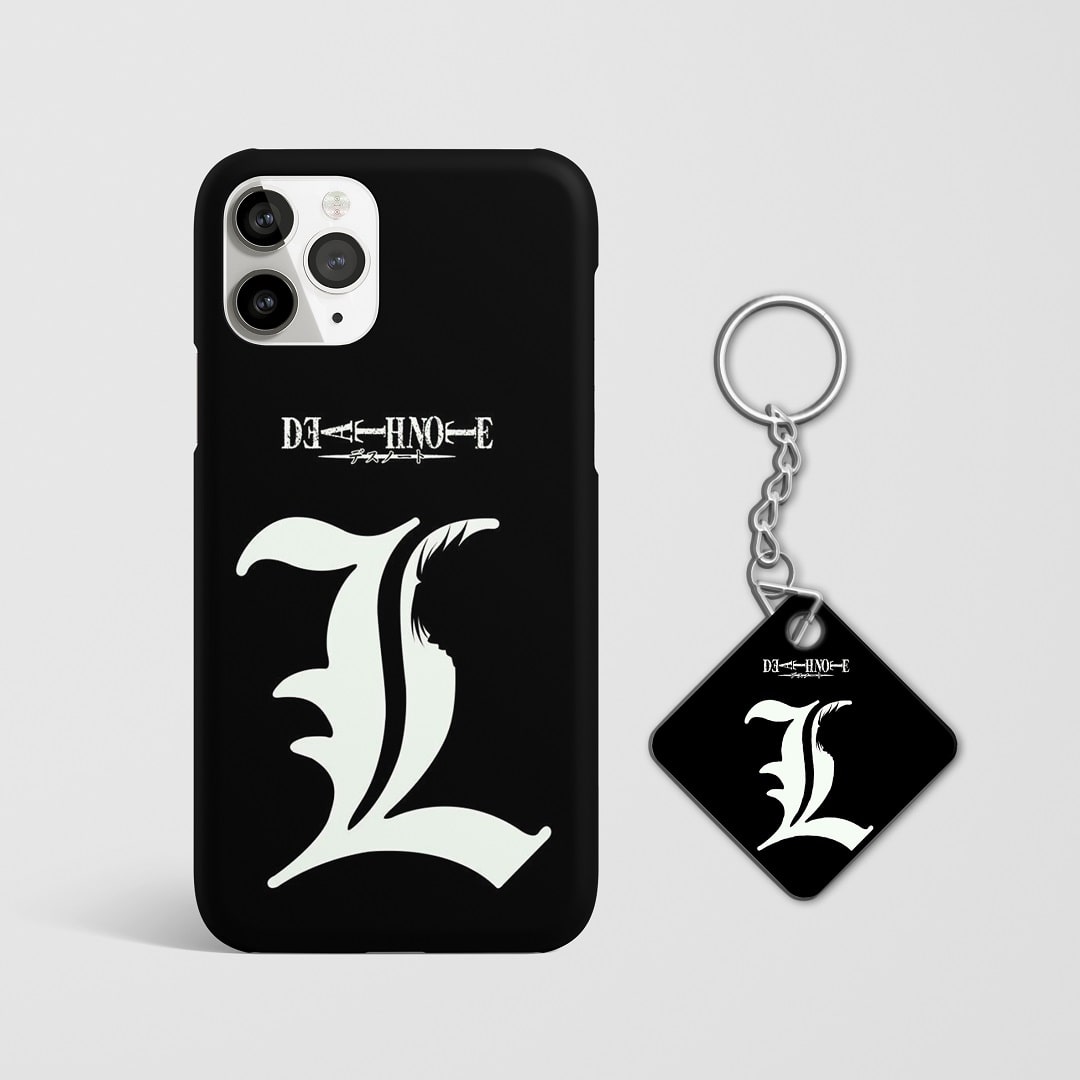 Close-up of the "L" symbol design on phone case with Keychain.