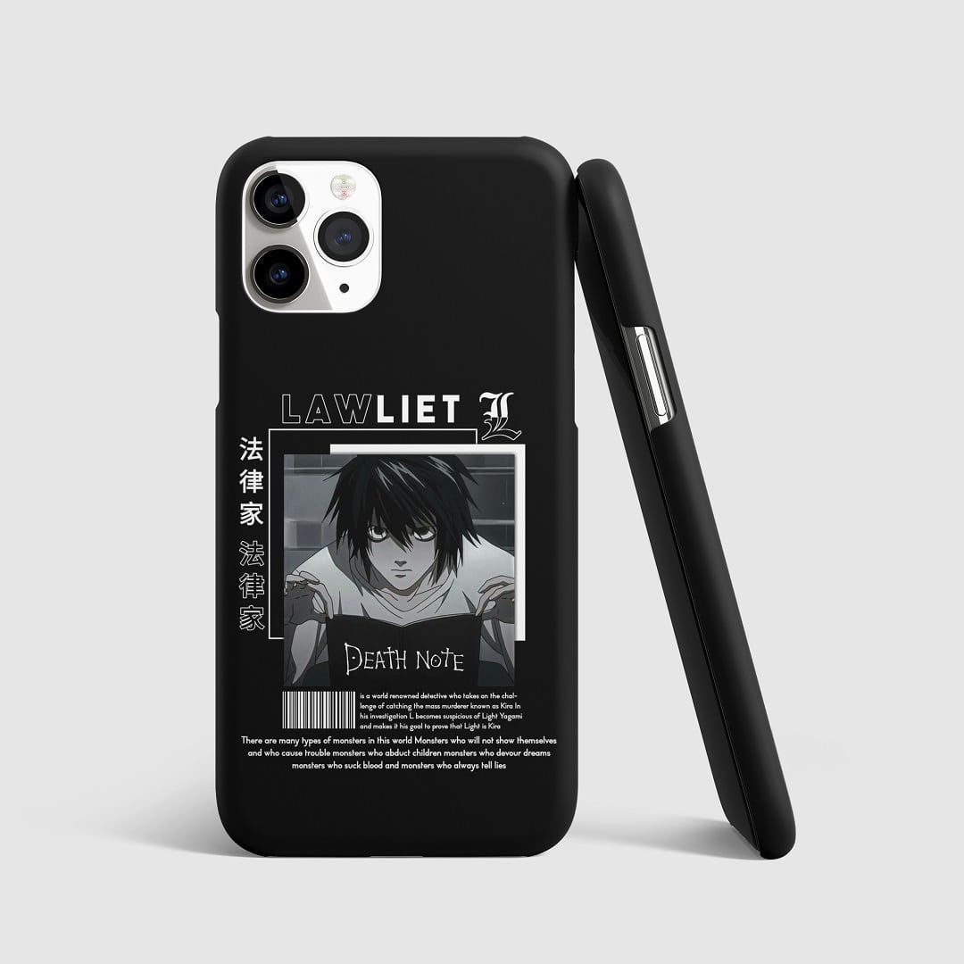 Striking artwork of Lawliet (L) from "Death Note" on phone cover.