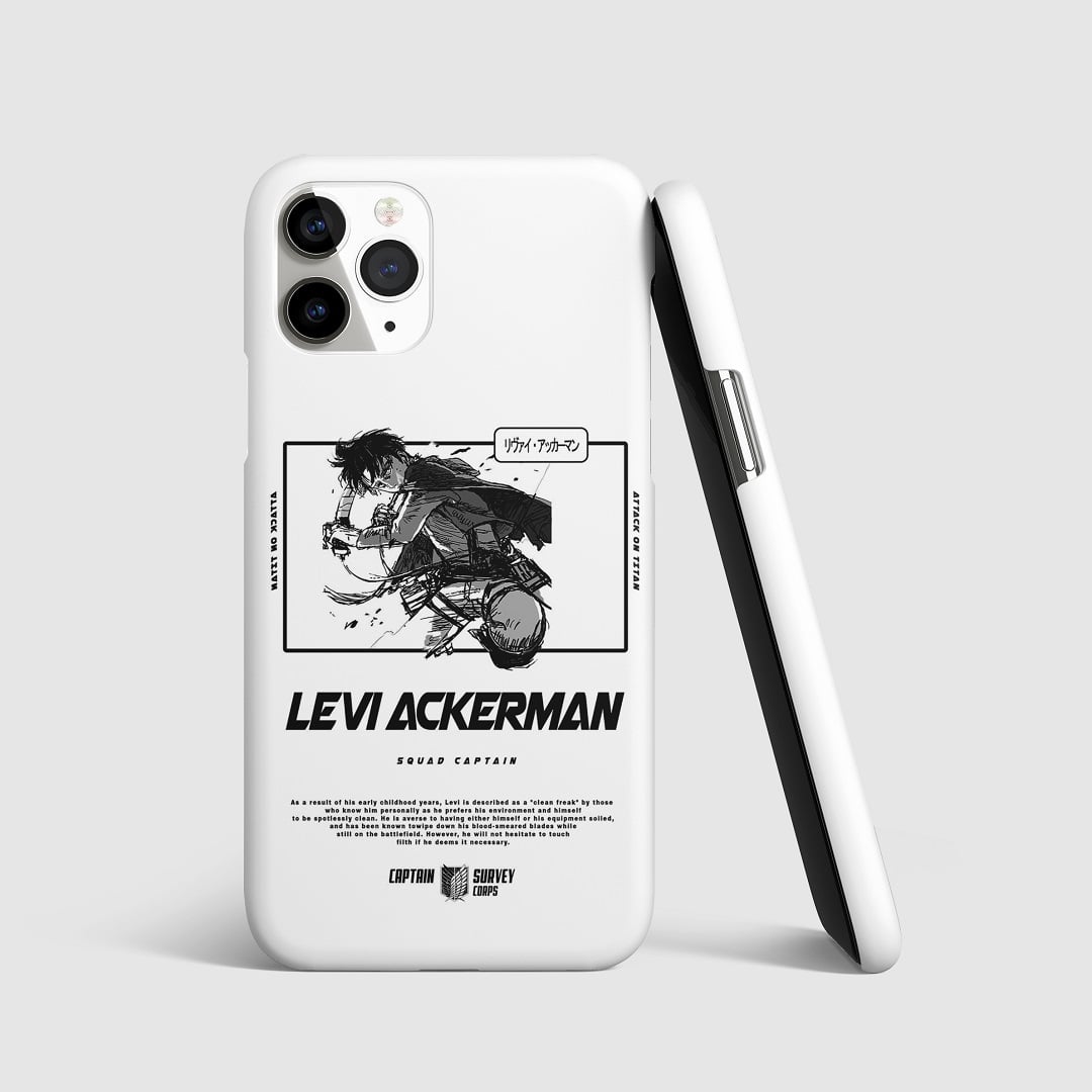 Dynamic artwork of Levi Ackerman from "Attack on Titan" on phone cover.