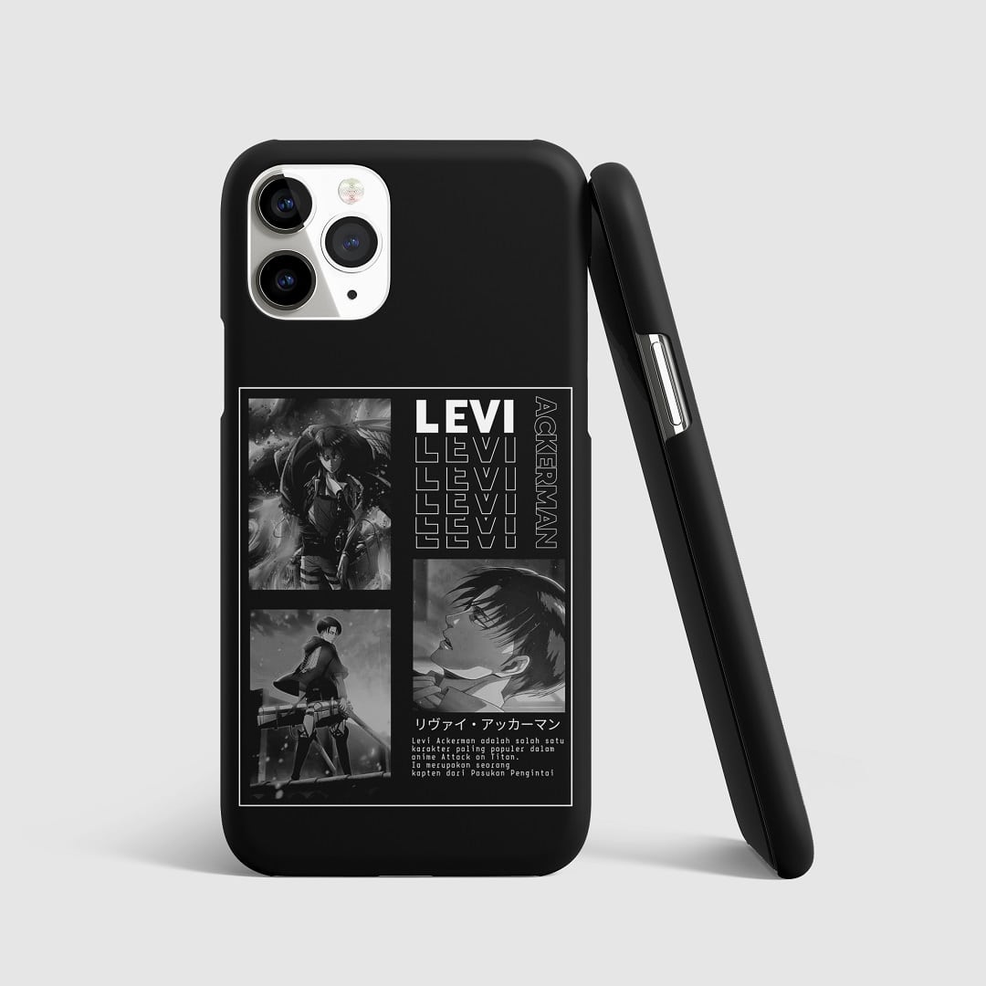 Striking monochrome artwork of Levi Ackerman from "Attack on Titan" on phone cover.