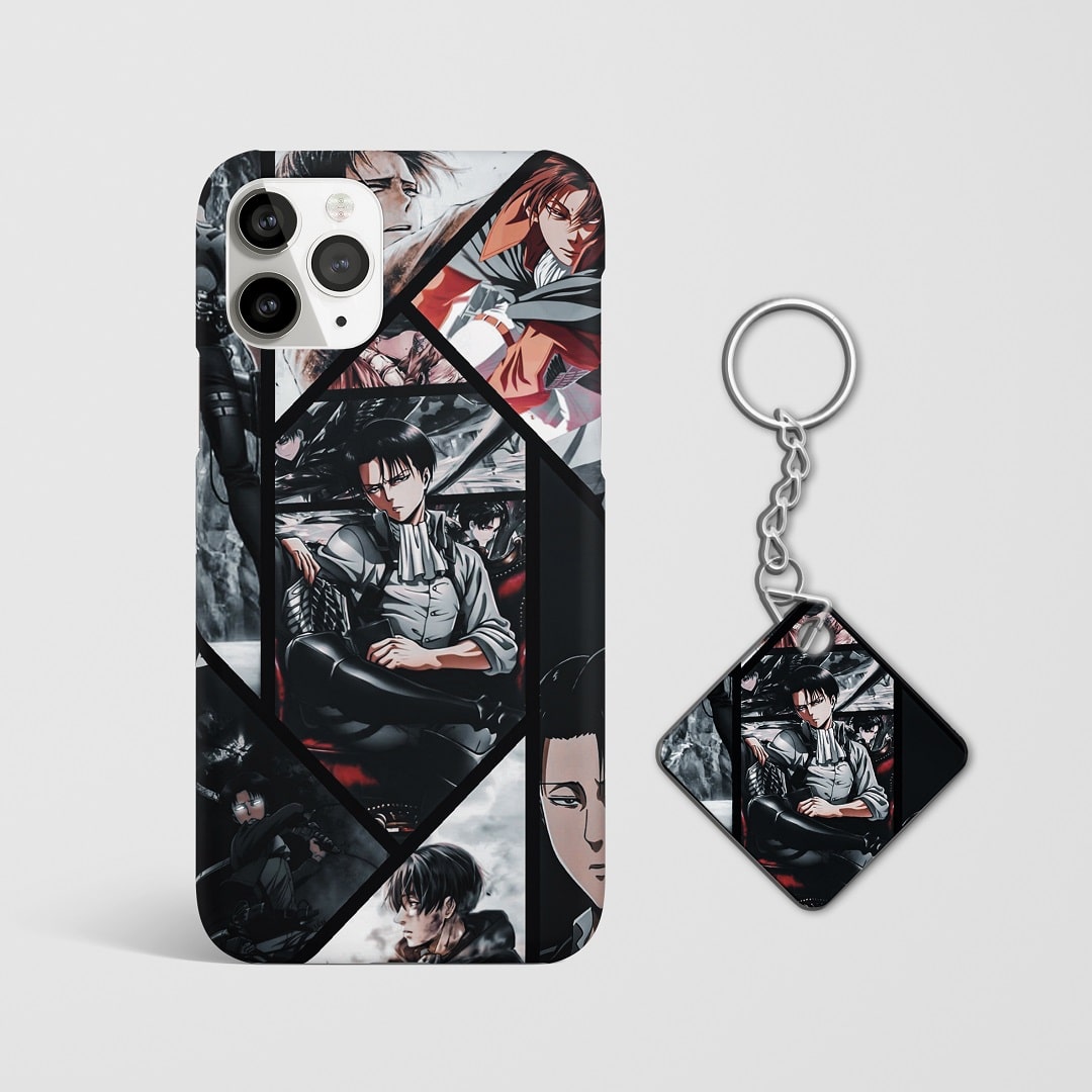 Close-up of Levi’s intense expression in collage artwork on phone case with Keychain.