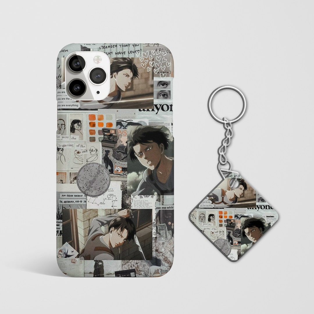 Close-up of Levi’s intense expression in retro artwork on phone case with Keychain.