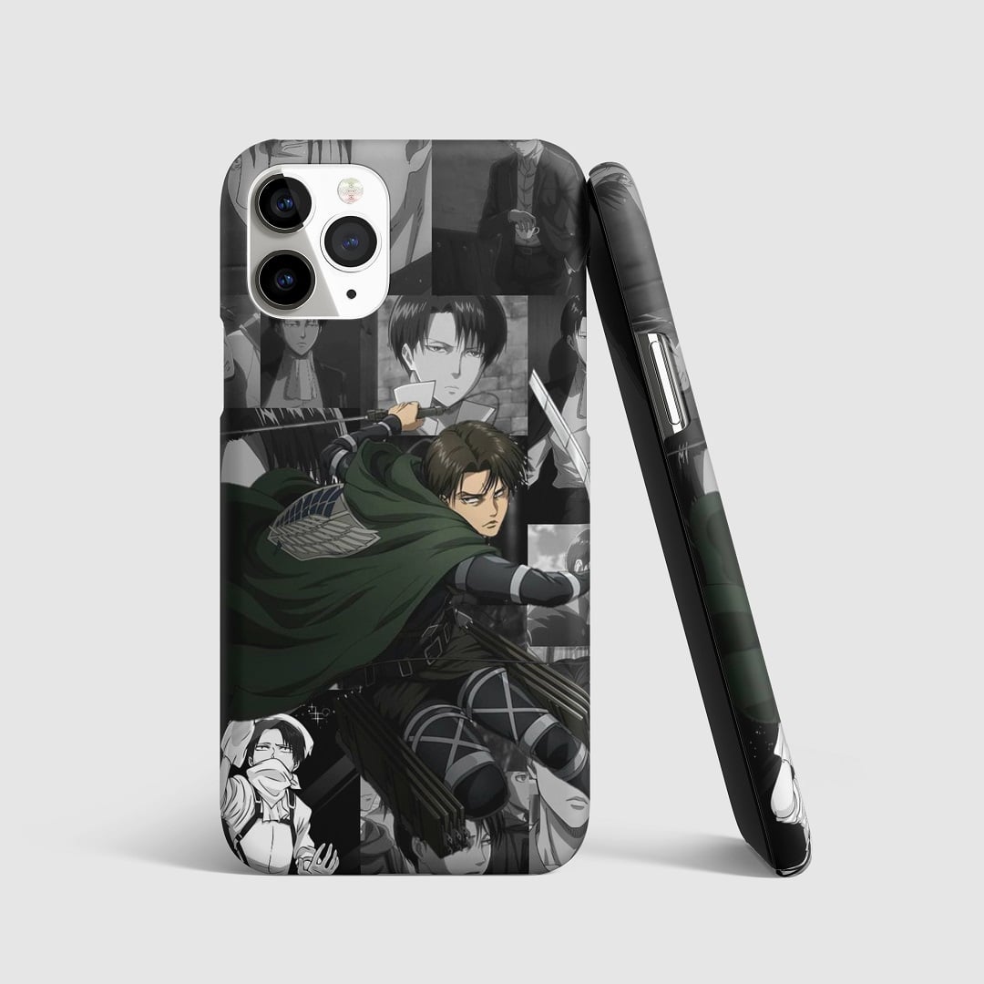 Striking artwork of Levi Ackerman from "Attack on Titan" on phone cover.
