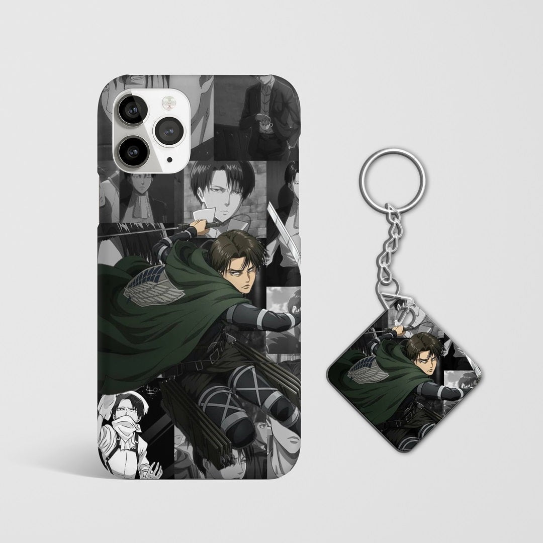 Close-up of Levi’s intense expression in Scout Regiment artwork on phone case with Keychain.