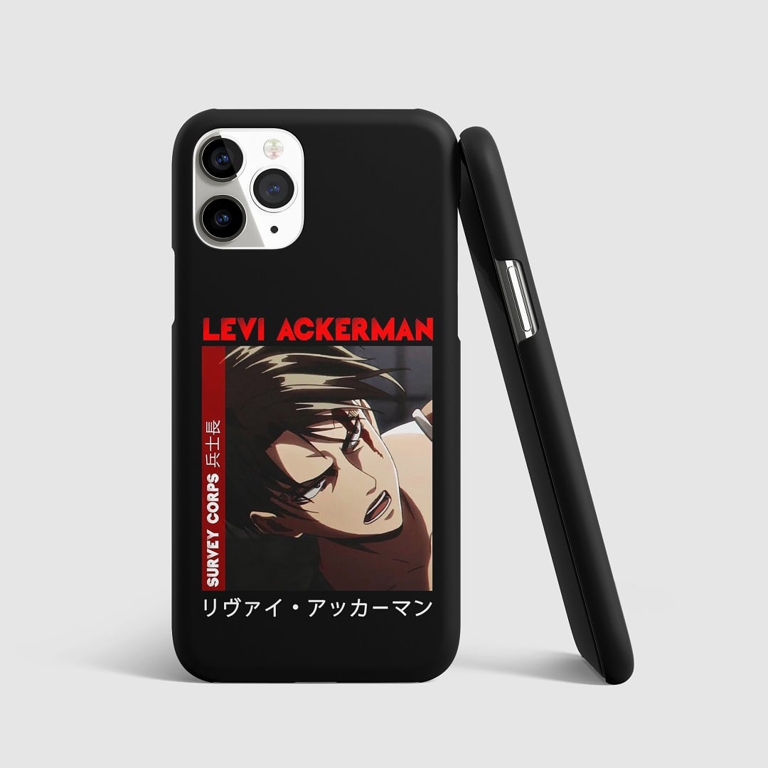 Striking artwork of Levi Ackerman from "Attack on Titan" on phone cover.