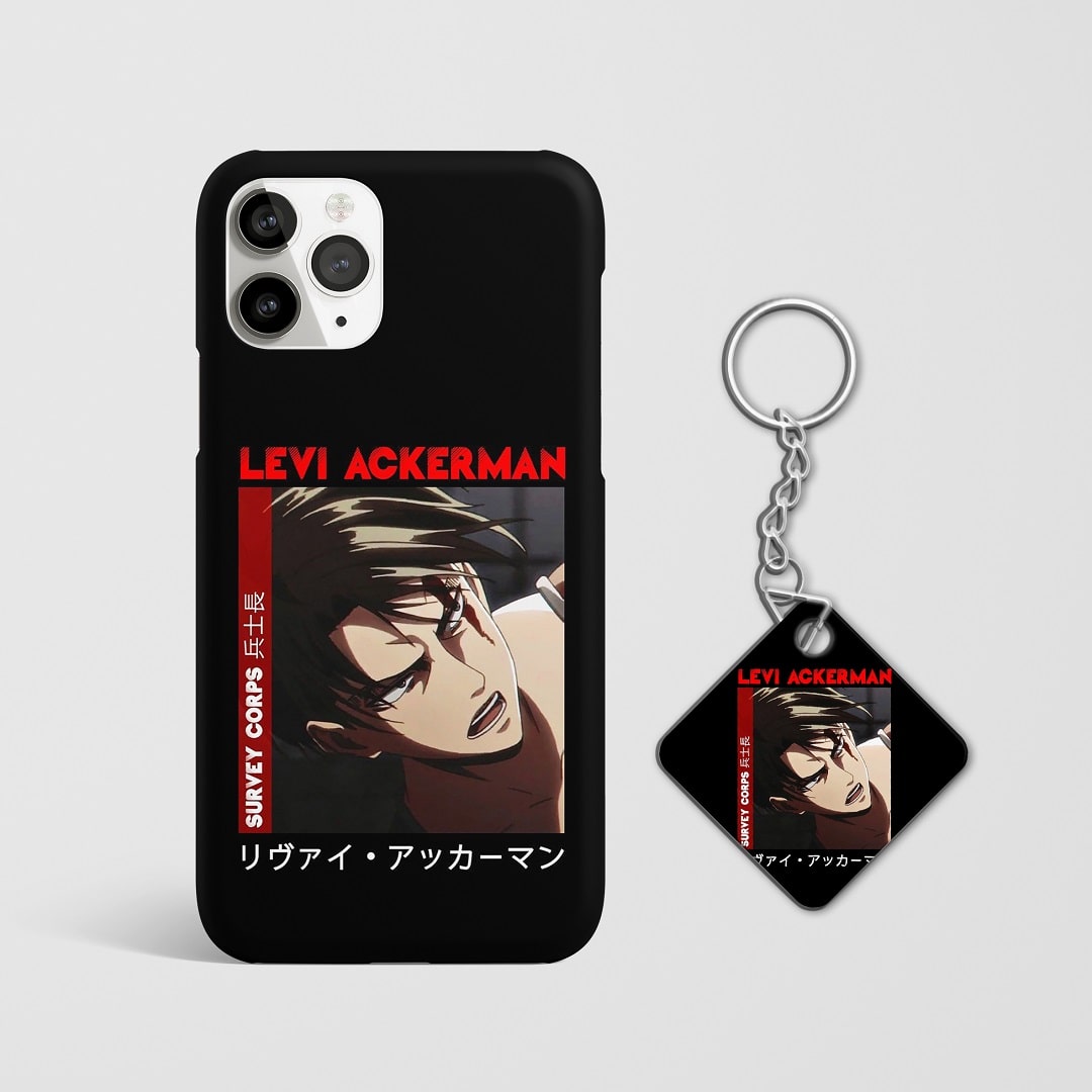 Close-up of Levi’s intense expression in Survey Corps artwork on phone case with Keychain.