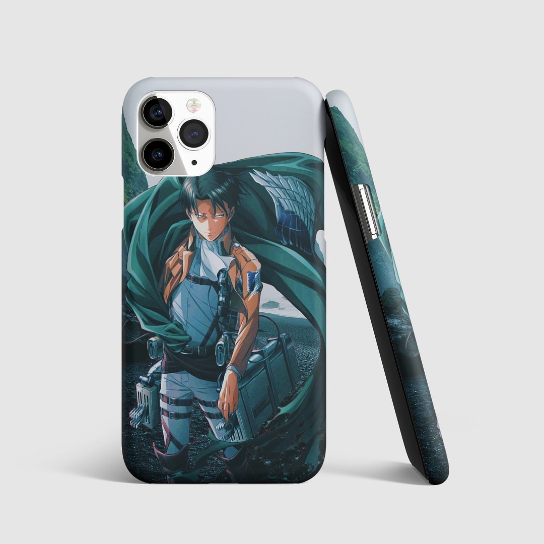 Bold, dynamic artwork of Levi Ackerman from "Attack on Titan" on phone cover.