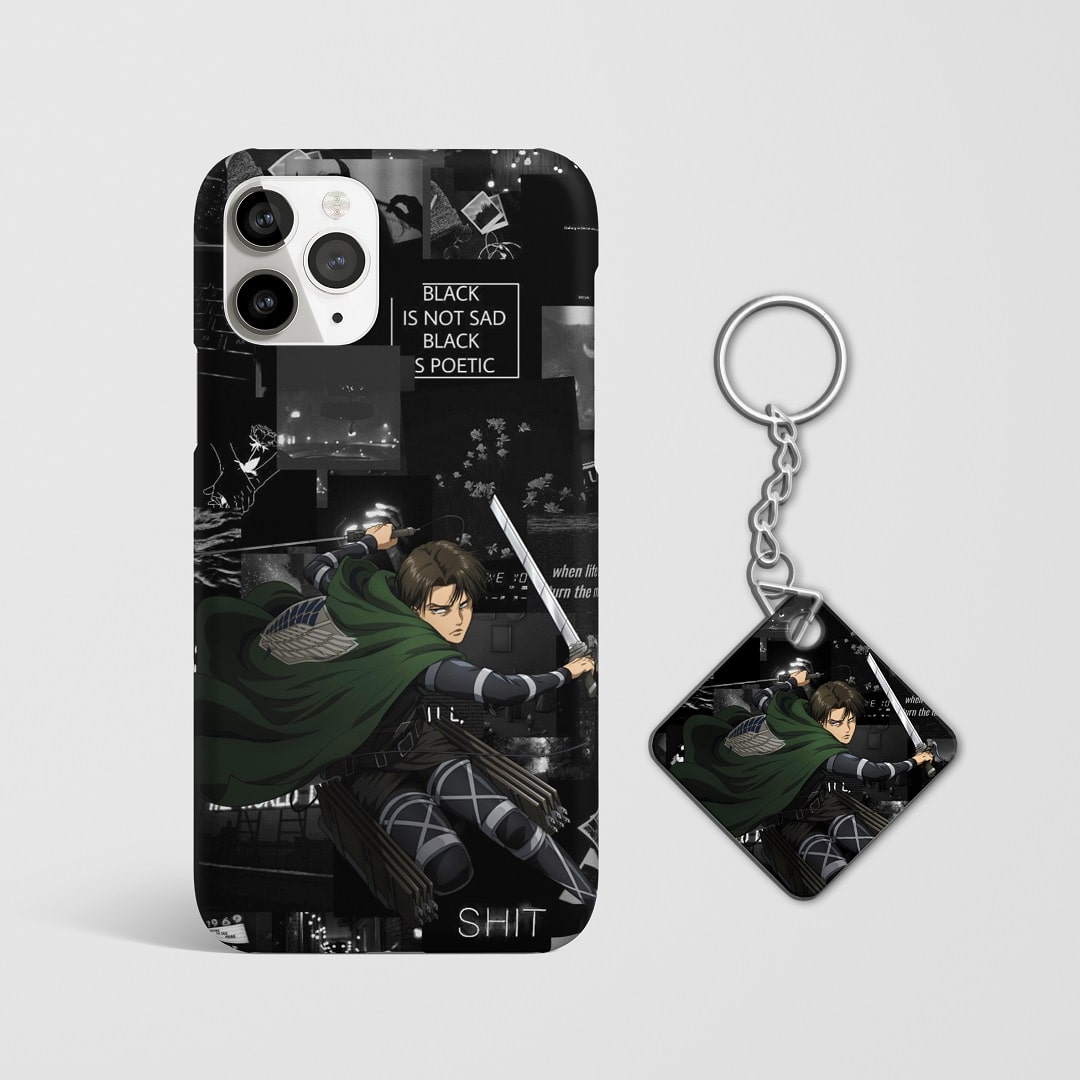 Close-up of Levi’s intense expression and inspiring quote on phone case with Keychain.