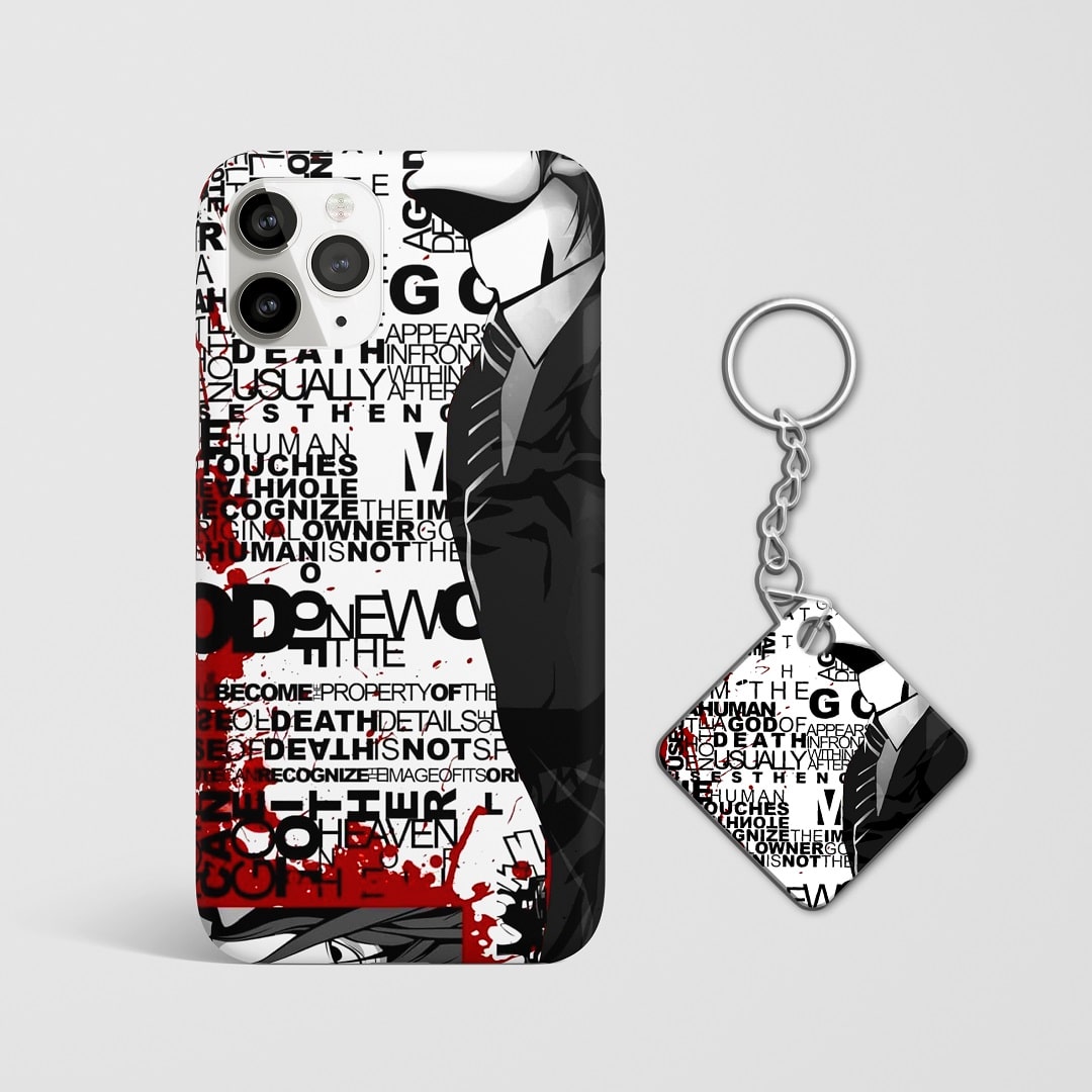 Close-up of Light Yagami’s intense expression with blood effects on phone case with Keychain.