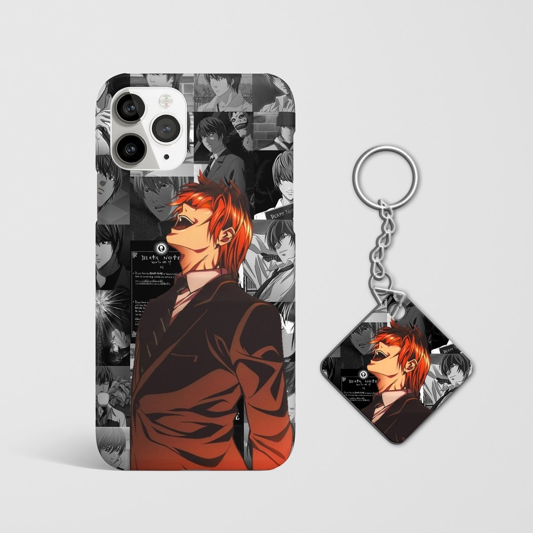 Close-up of Light Yagami’s various expressions in collage style on phone case with Keychain.