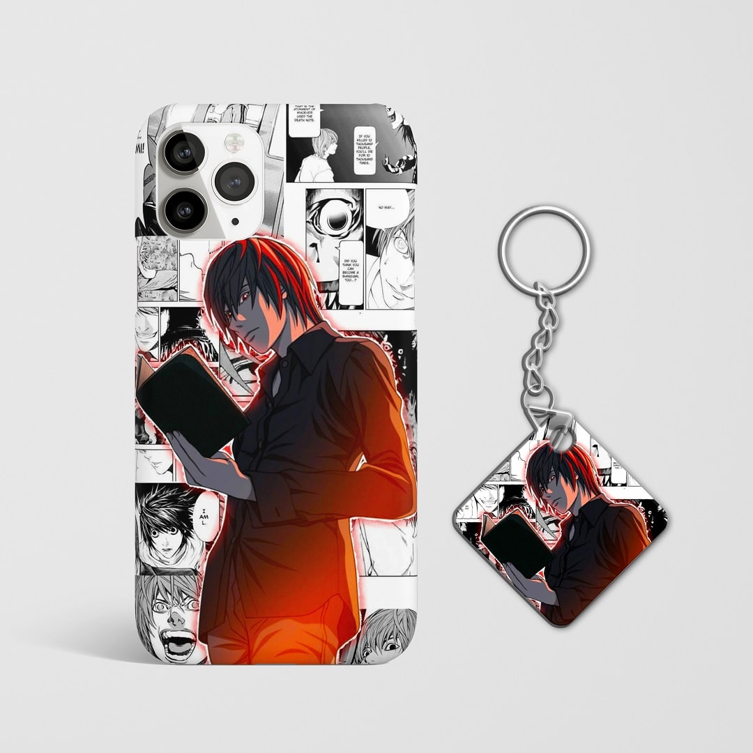 Close-up of Light Yagami’s intense expression on phone case with Keychain.