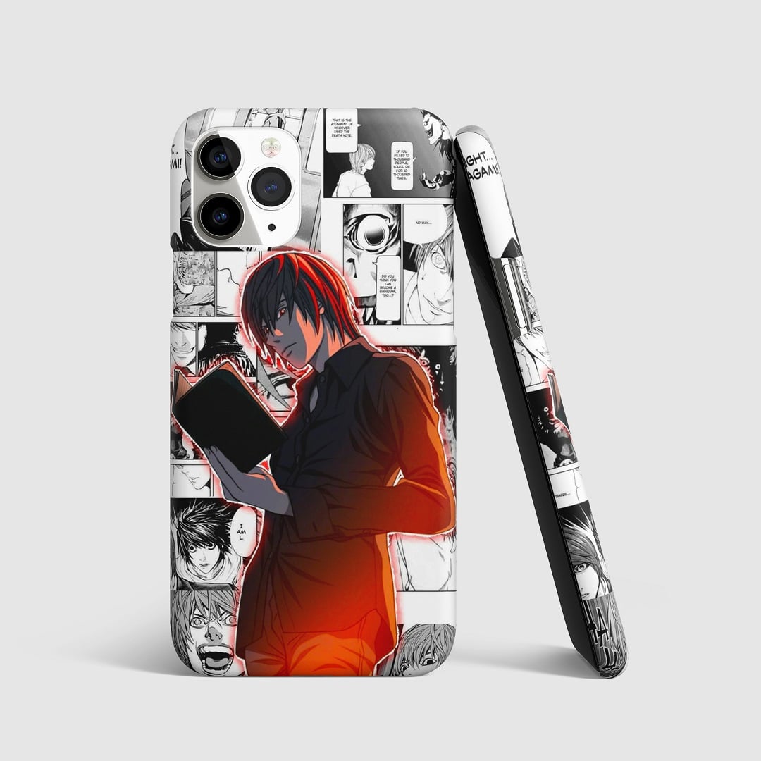 Striking artwork of Light Yagami from "Death Note" on phone cover.