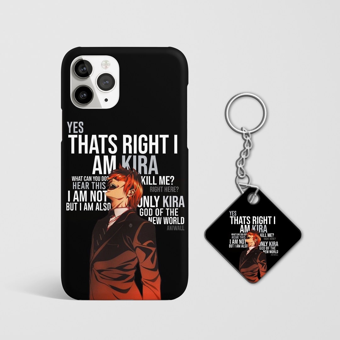Close-up of Light Yagami’s intense expression in his god-like Kira persona on phone case with Keychain.