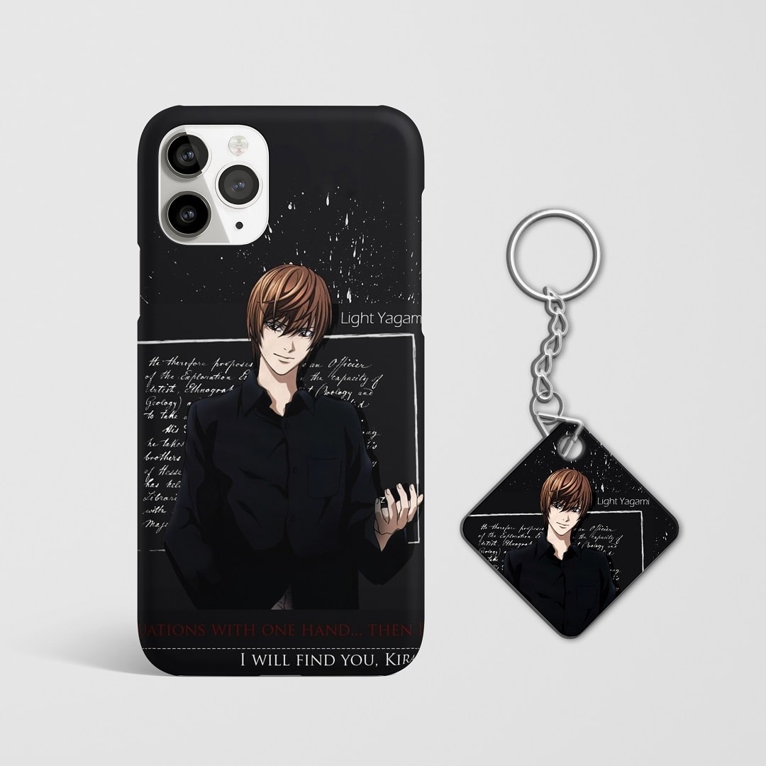 Close-up of Light Yagami’s intense expression in his Kira persona on phone case with Keychain.
