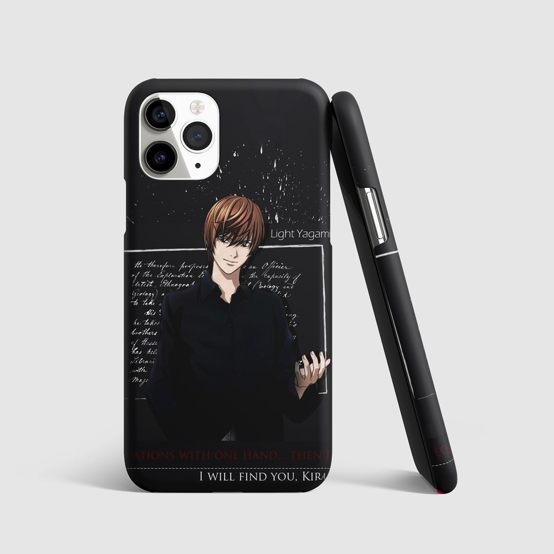 Striking artwork of Light Yagami as Kira from "Death Note" on phone cover.