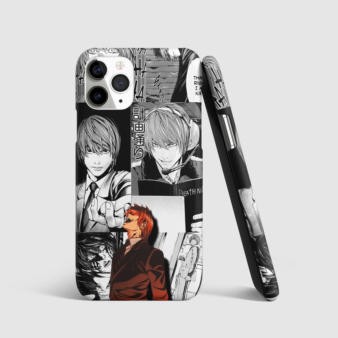 Iconic manga-style artwork of Light Yagami from "Death Note" on phone cover.