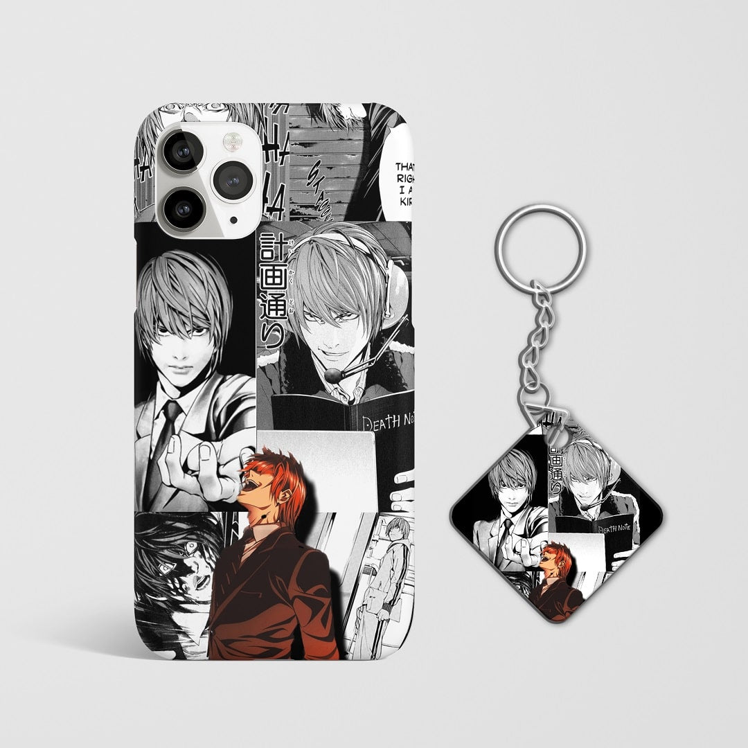 Close-up of Light Yagami’s intense expression in manga style on phone case with Keychain.