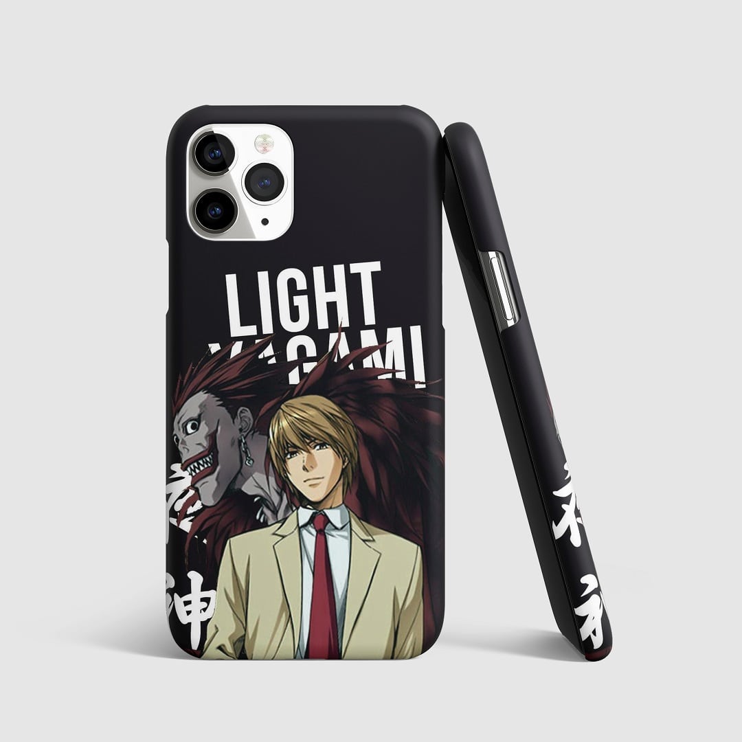 Striking artwork of Light Yagami and Ryuk from "Death Note" on phone cover.
