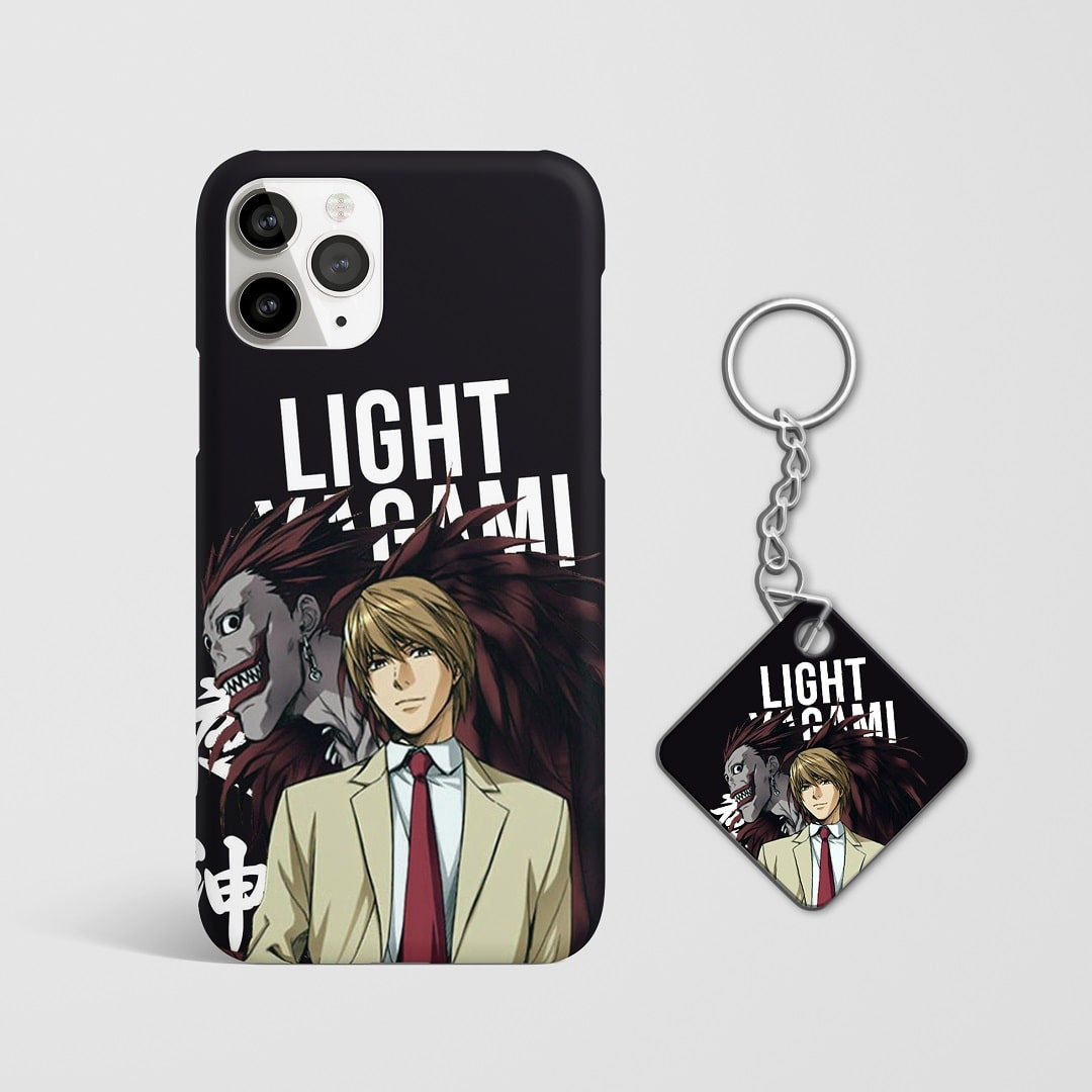 Close-up of Light and Ryuk’s intense expressions on phone case with Keychain.