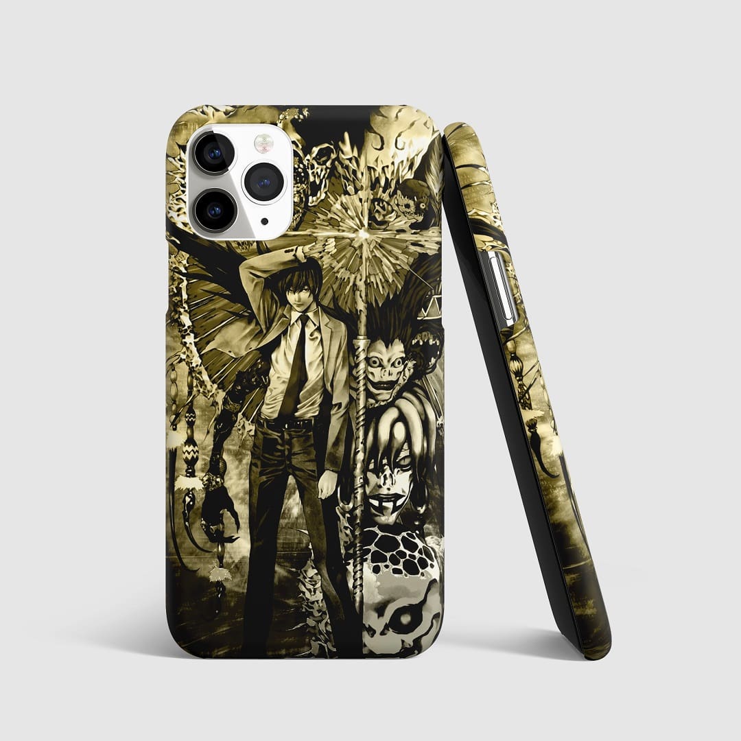 Striking artwork of Light Yagami and the Shinigami from "Death Note" on phone cover.