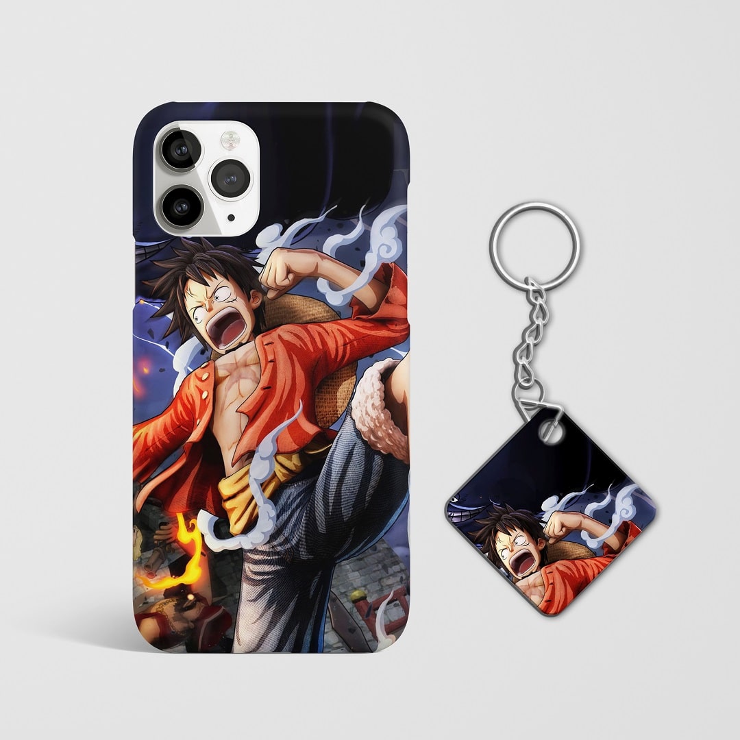 Close-up of Luffy Gomu Gomu Phone Cover, highlighting the detailed artwork and matte finish with Keychain.