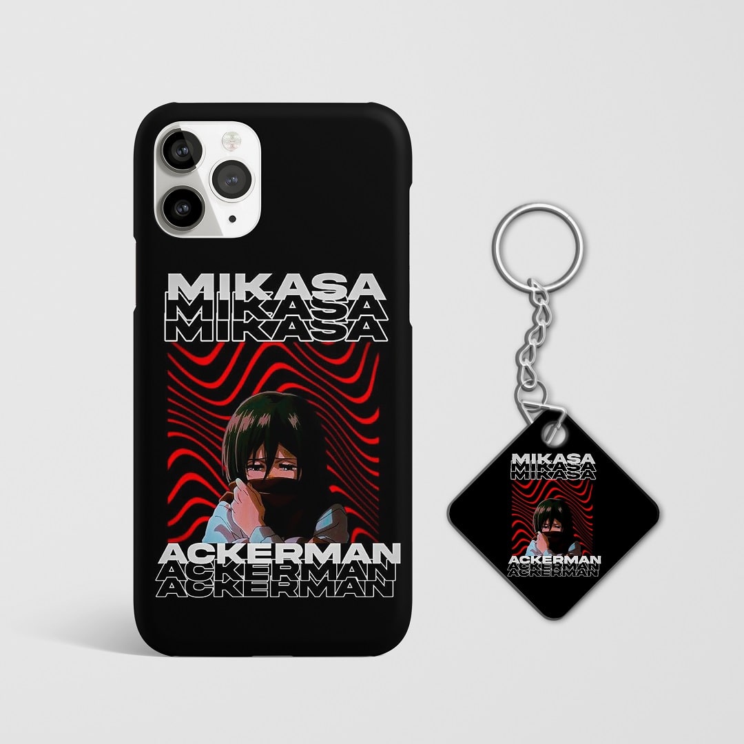 Close-up of Mikasa’s intense expression in graphic artwork on phone case with Keychain.
