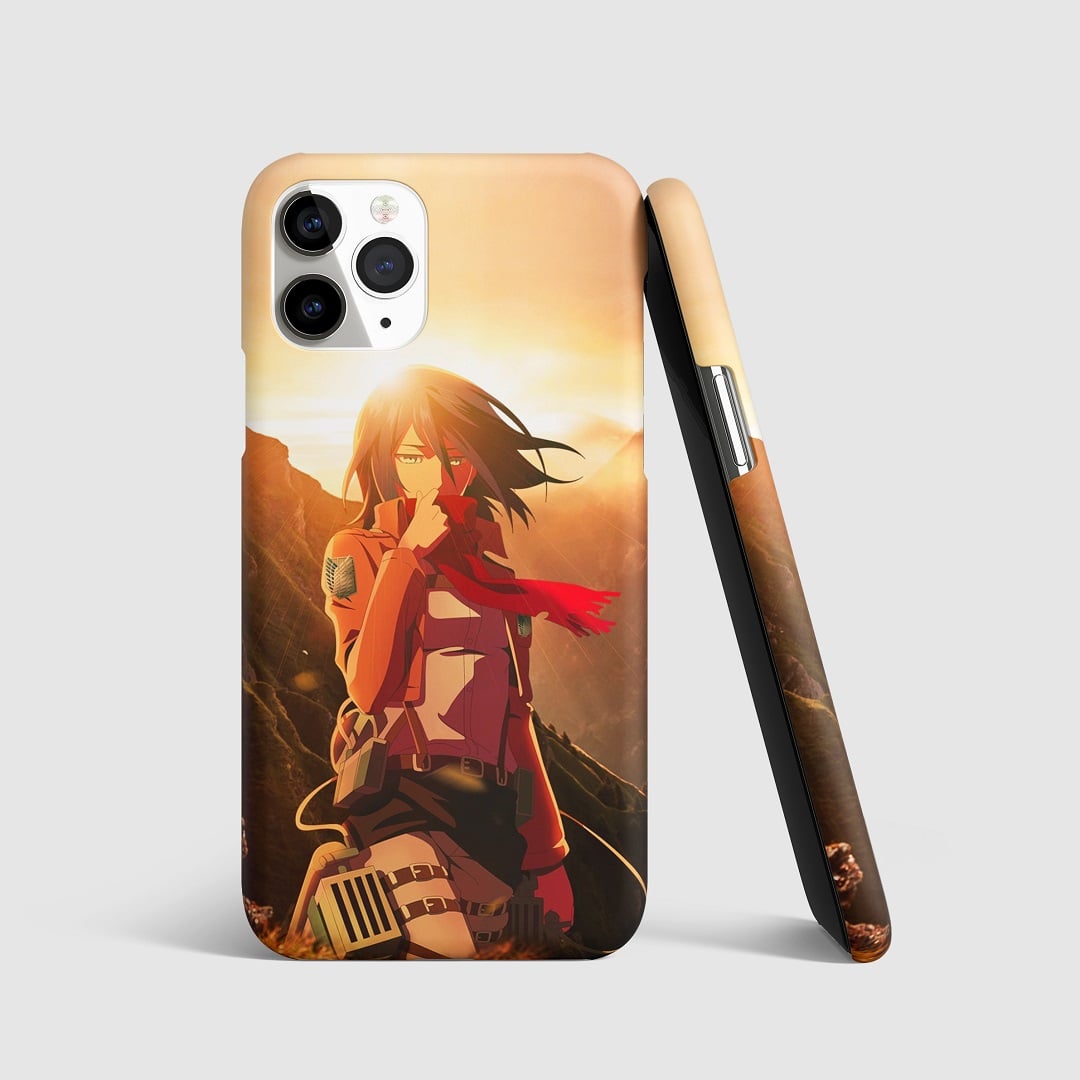 Beautiful artistic artwork of Mikasa Ackerman from "Attack on Titan" on phone cover.