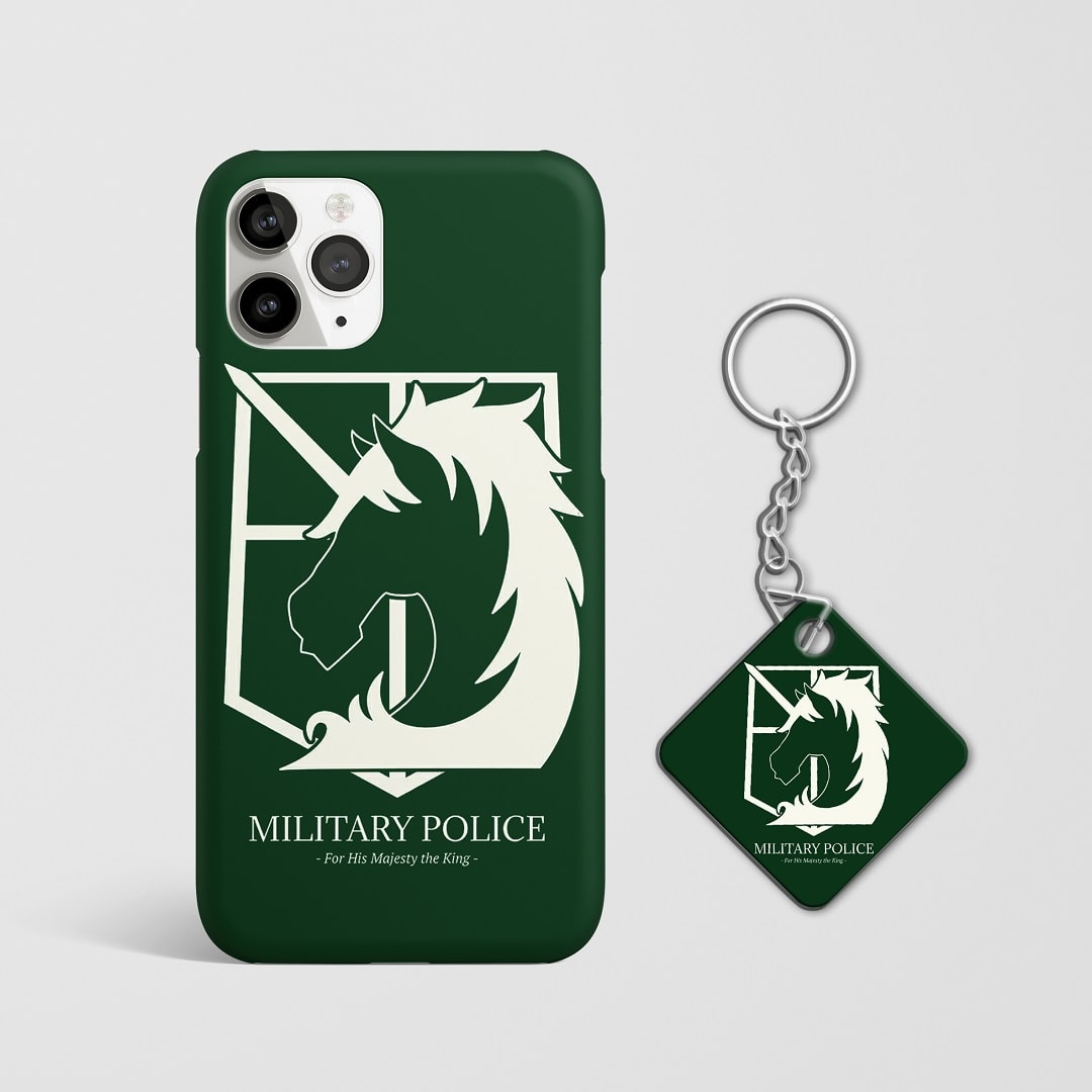 Close-up of the Military Police Regiment emblem and detailed artwork on phone case with Keychain.